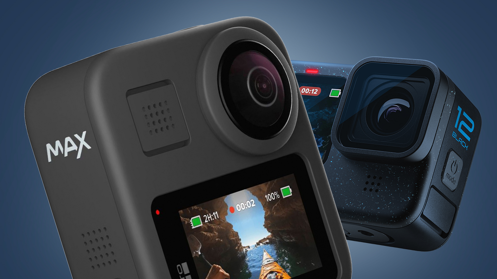 The GoPro Max and Hero 12 Black action cameras on a blue background